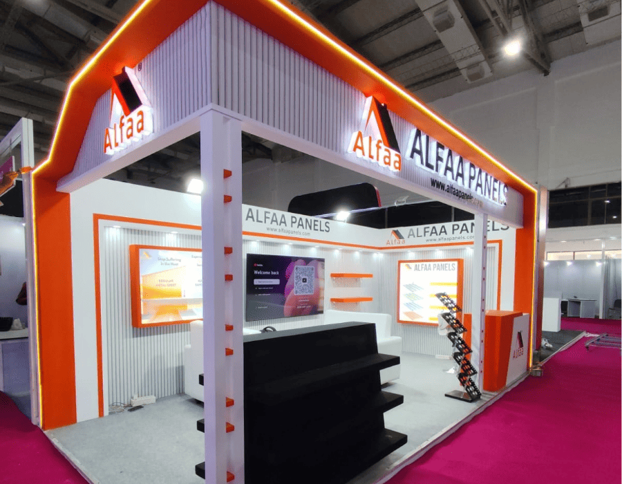 Alfaa Panels exhibition booth with illuminated orange framing