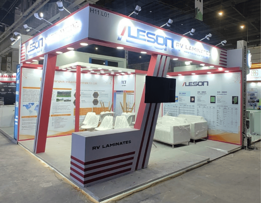 Aeson RV Laminates exhibition booth with illuminated branding and displays