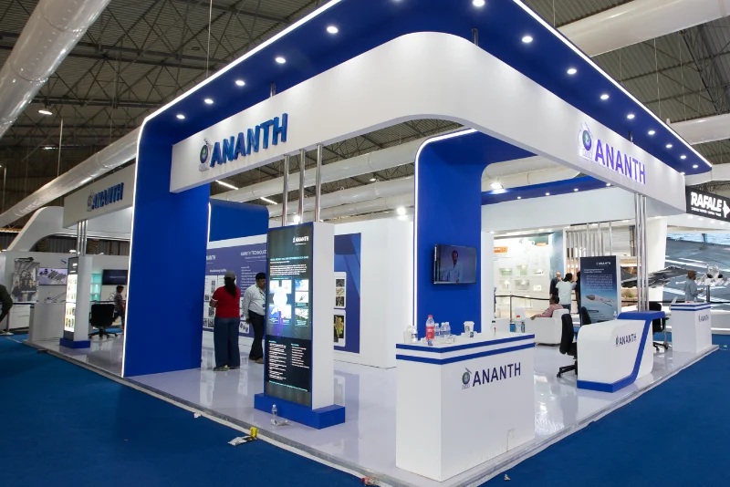 Premium lounge interior — Aero India 2027 executive chalet and brand experience booth hospitality space